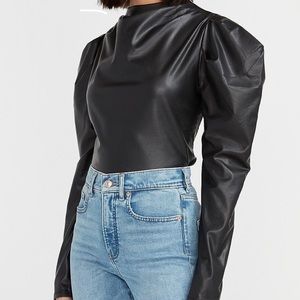 SOLD OUT NWT EXPRESS Vegan Leather Gothic Puff Sleeve Mock Neck Top